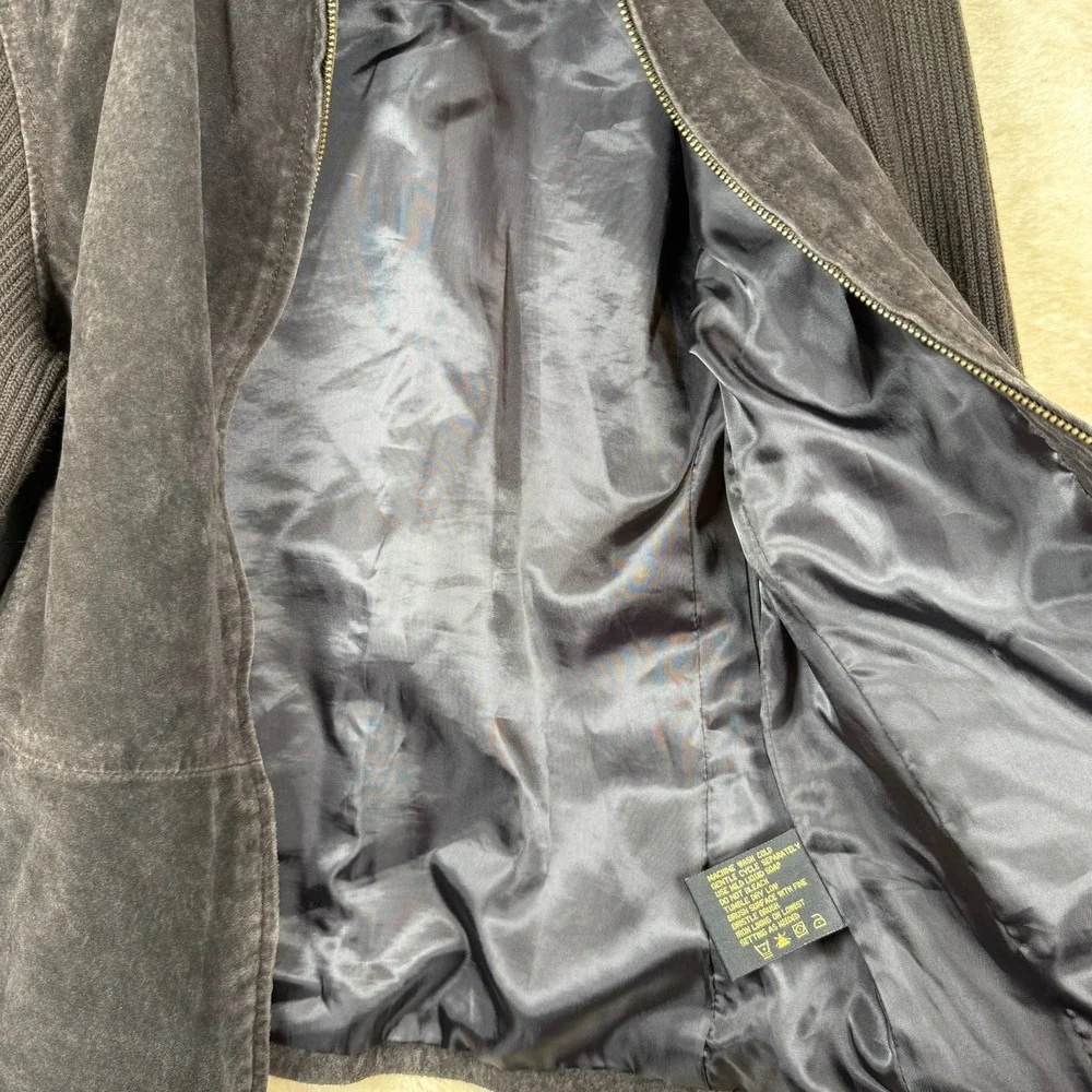 Fabio Womens Leather Jacket Size M Sweater Knit‎ Sleeve Zip Up Brown Y2K